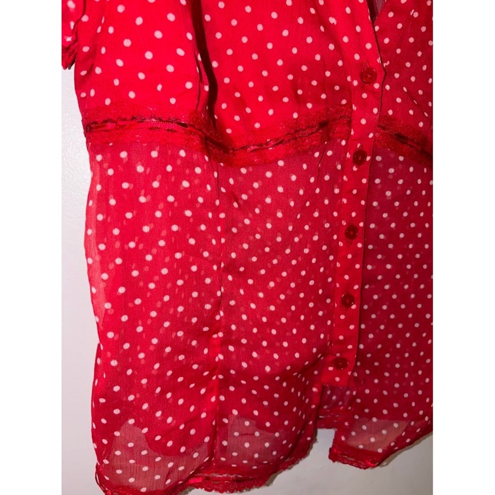 Urban Outfitters Red Polka Dot V-Neck Button Front Mesh Top Size L L0412 - Picture 3 of 4
